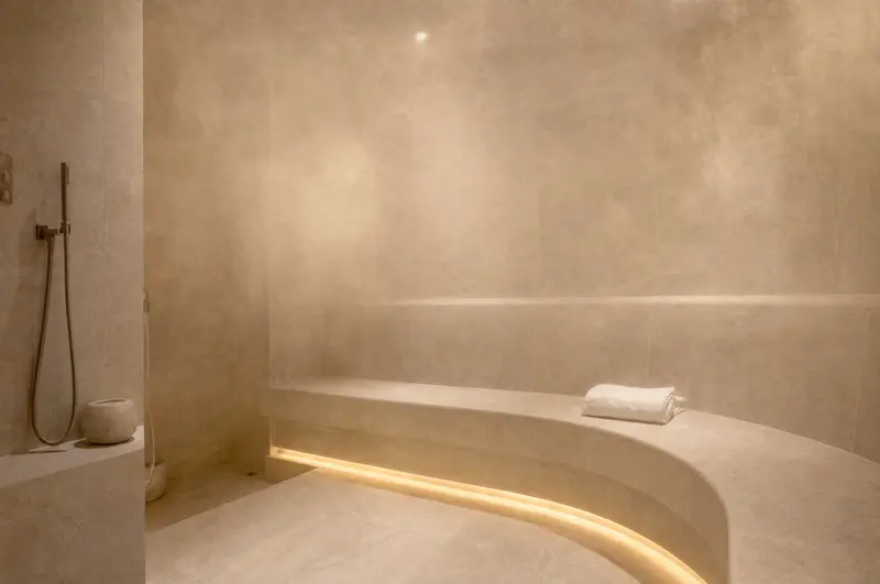 A stone steam room with a curved bench