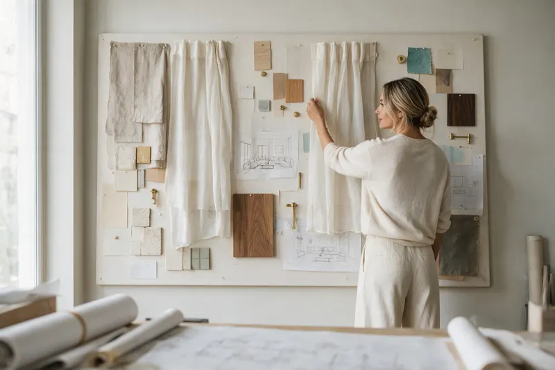 Jessica at her studio mood board of curtain fabrics and veneers