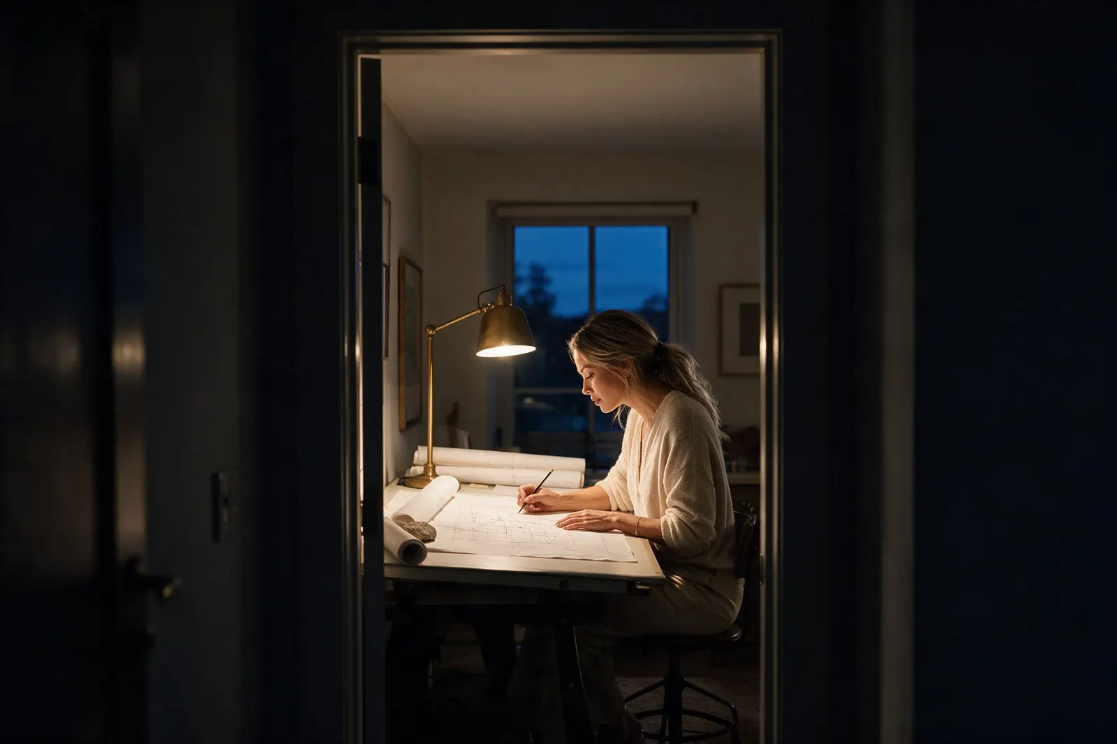 Jessica at her drawing table at dusk, reviewing architectural plans