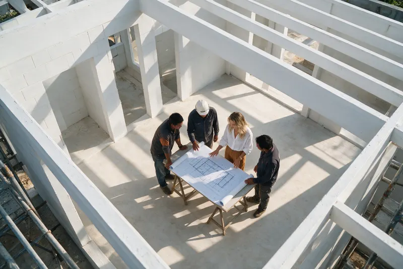 Seen from the scaffold: Jessica explaining the plan to her team on site