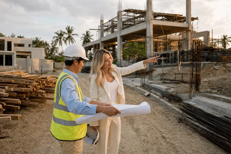 Jessica on site with the JG project manager, going through the drawings