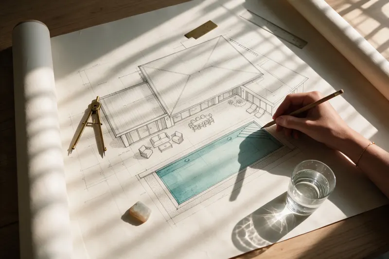 Jessica drawing a villa plan by hand, the pool coloured in