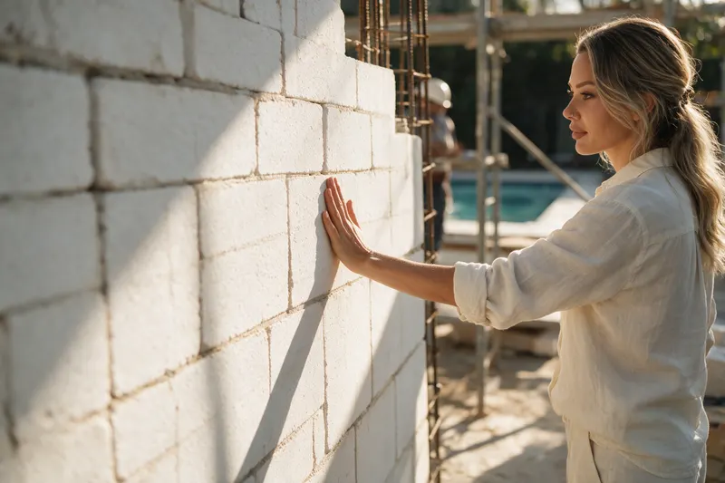 Jessica on site, her hand on the 20 cm thermal block wall