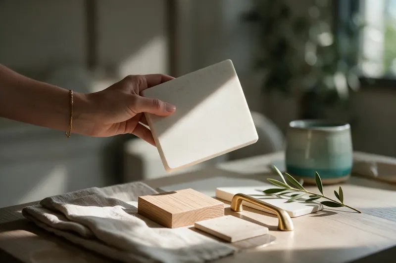 Jessica holding a quartz sample beside linen and oak