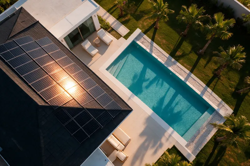 A JG villa from above: solar on the roof, a saltwater pool below