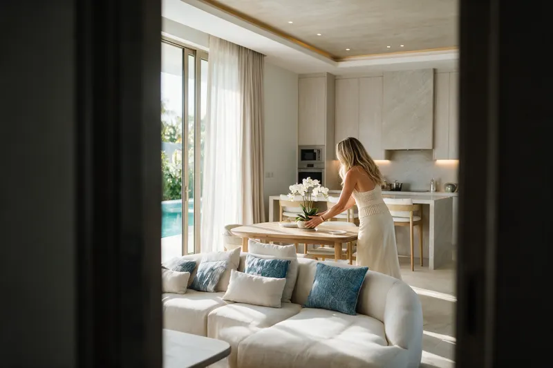 Jessica arranging flowers in a finished living room